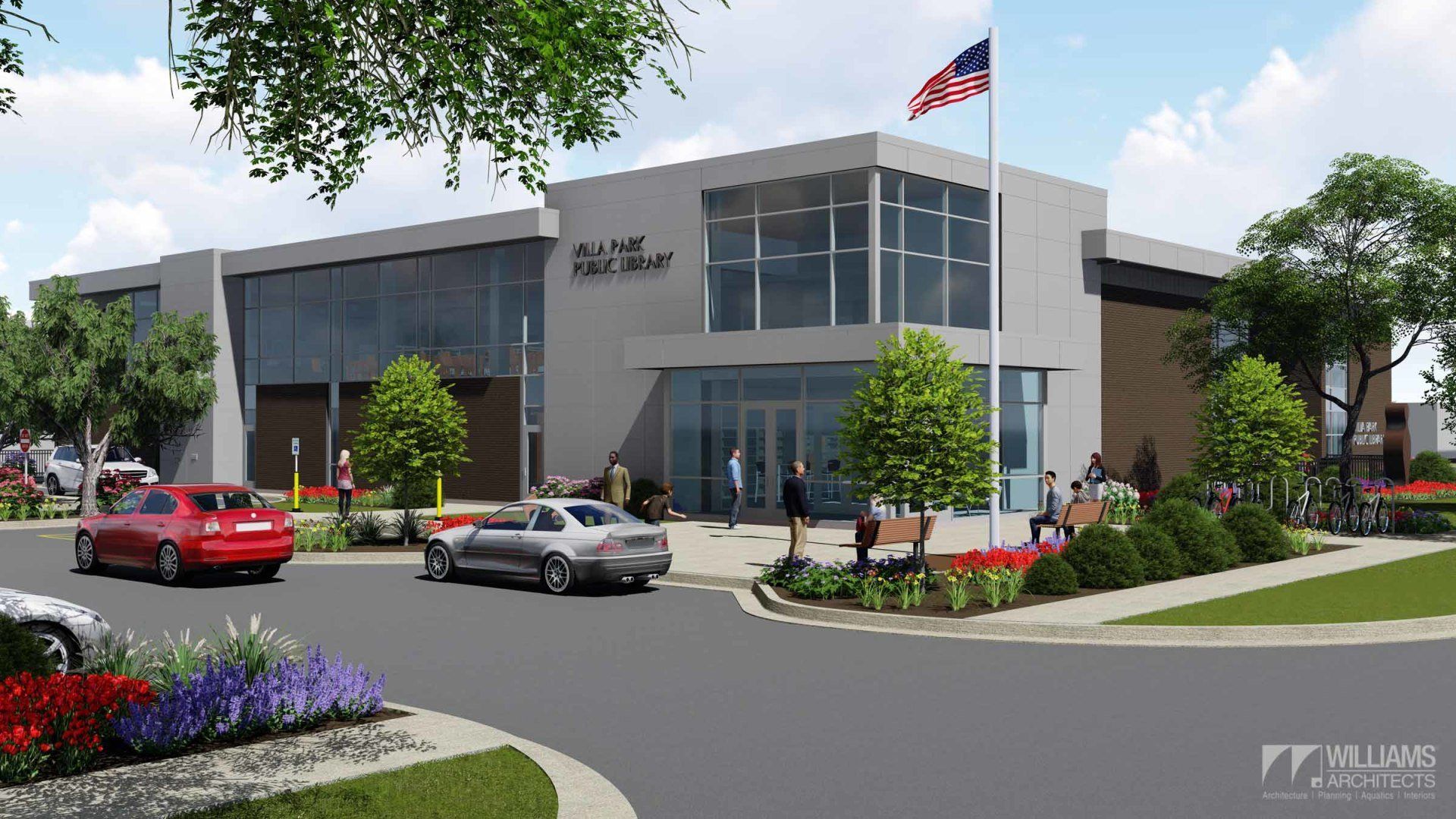 An artist 's impression of a new building with cars parked in front of it.