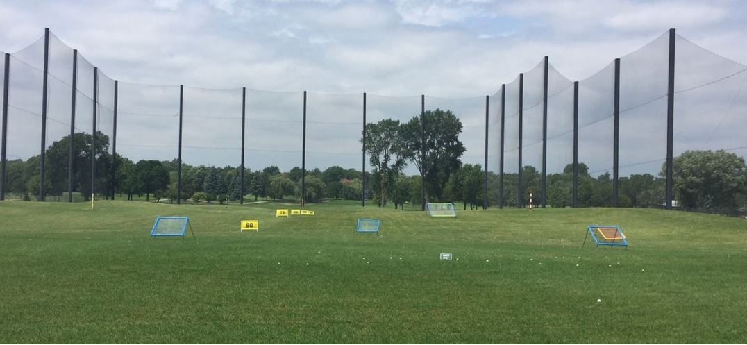 A golf course with a lot of balls in the grass and trees in the background.