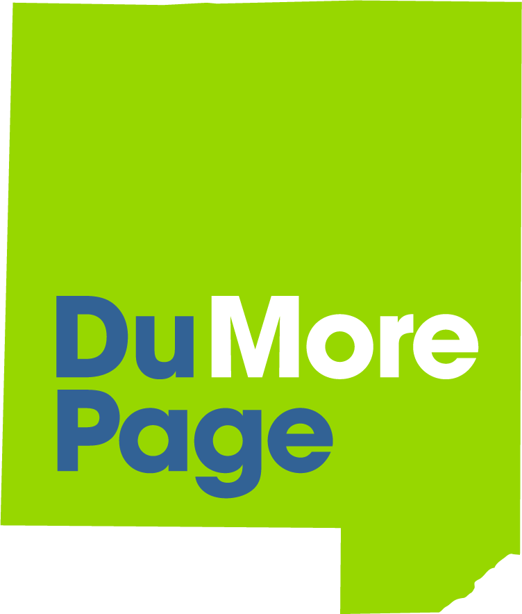 A green and blue logo for du more page