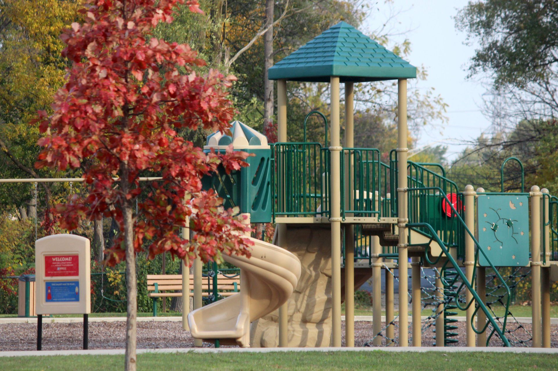 A playground with a slide and a tree in the foreground