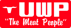 A red and white logo for uwp the meat people.