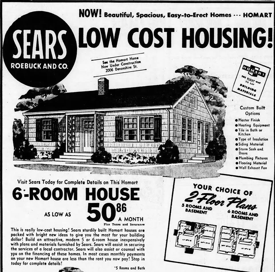 An advertisement for sears low cost housing features a 6 room house