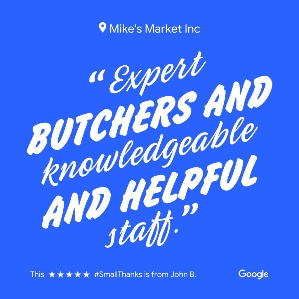 A blue background with white text that says `` expert butchers and knowledgeable and helpful staff ''