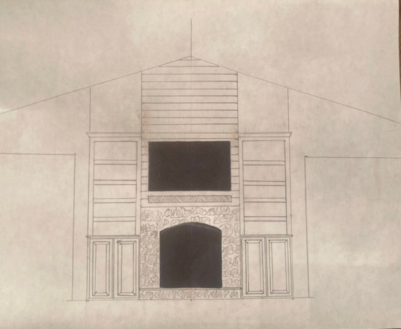 A black and white drawing of a fireplace and television