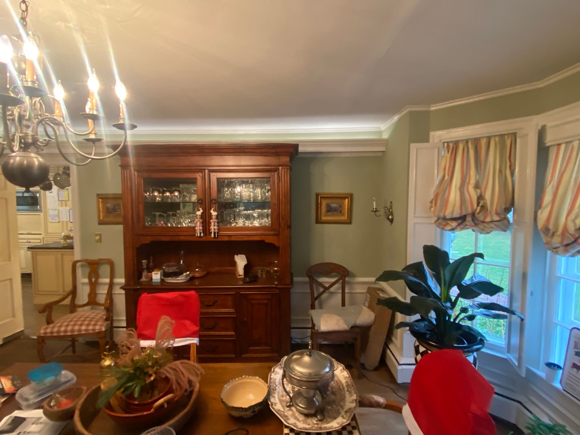 A living room with a table , chairs , a plant and a chandelier.