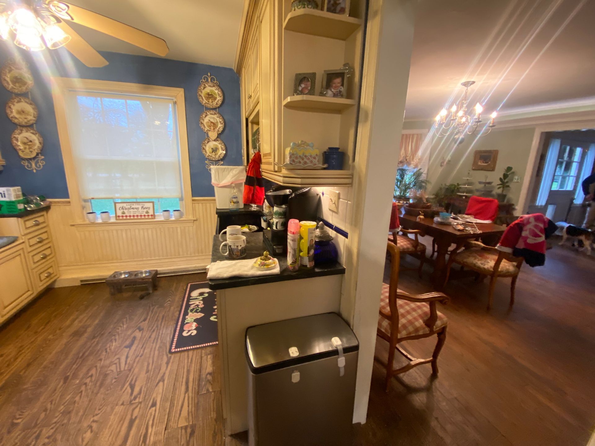 A kitchen with a trash can and a dining room in the background.