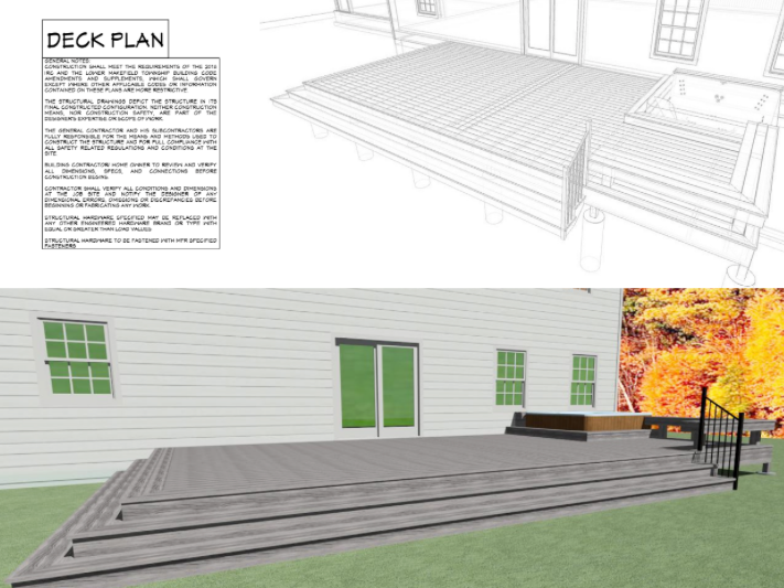 A deck plan for a house with stairs and a bench