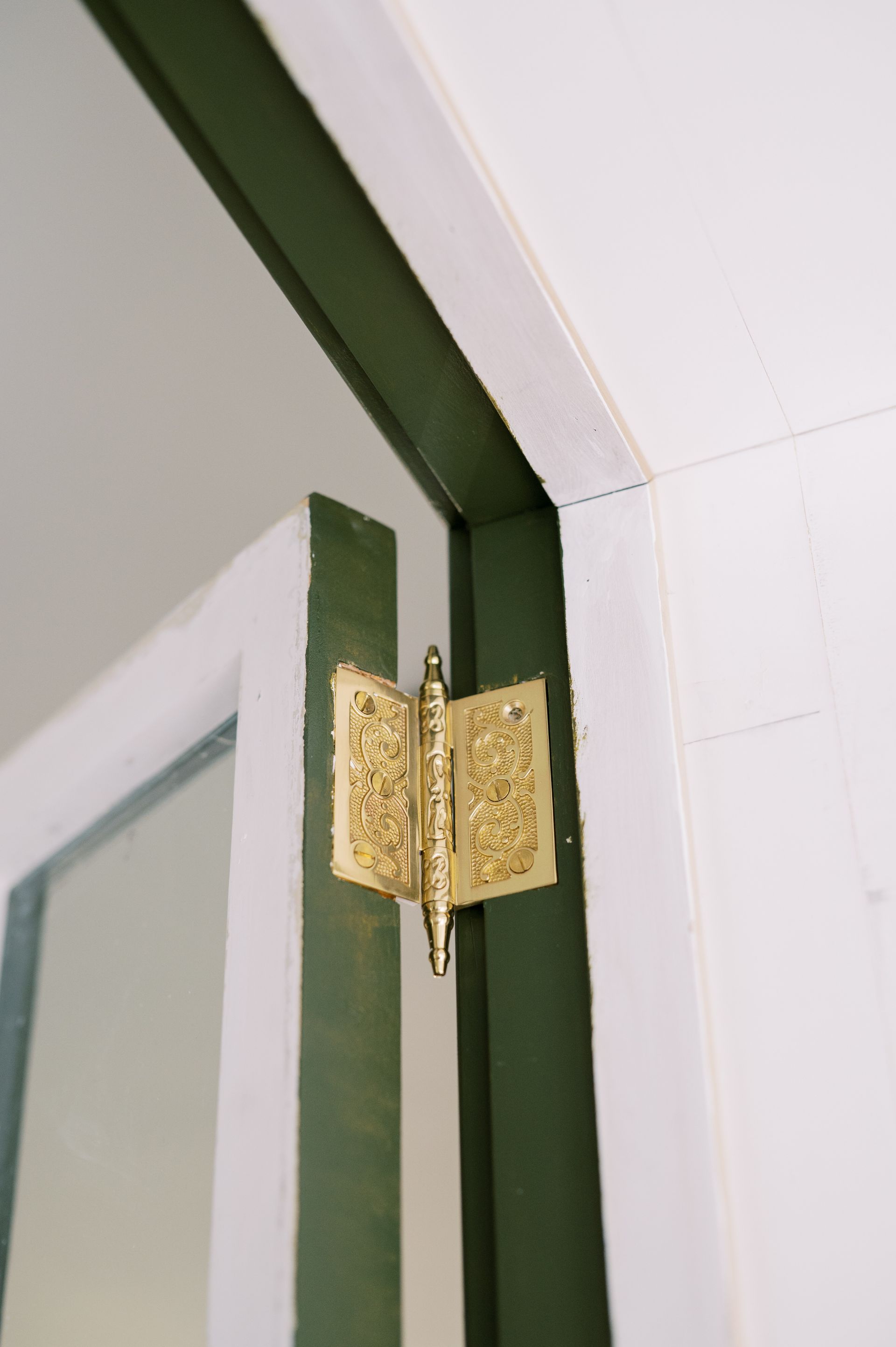 A close up of a door hinge on a door.