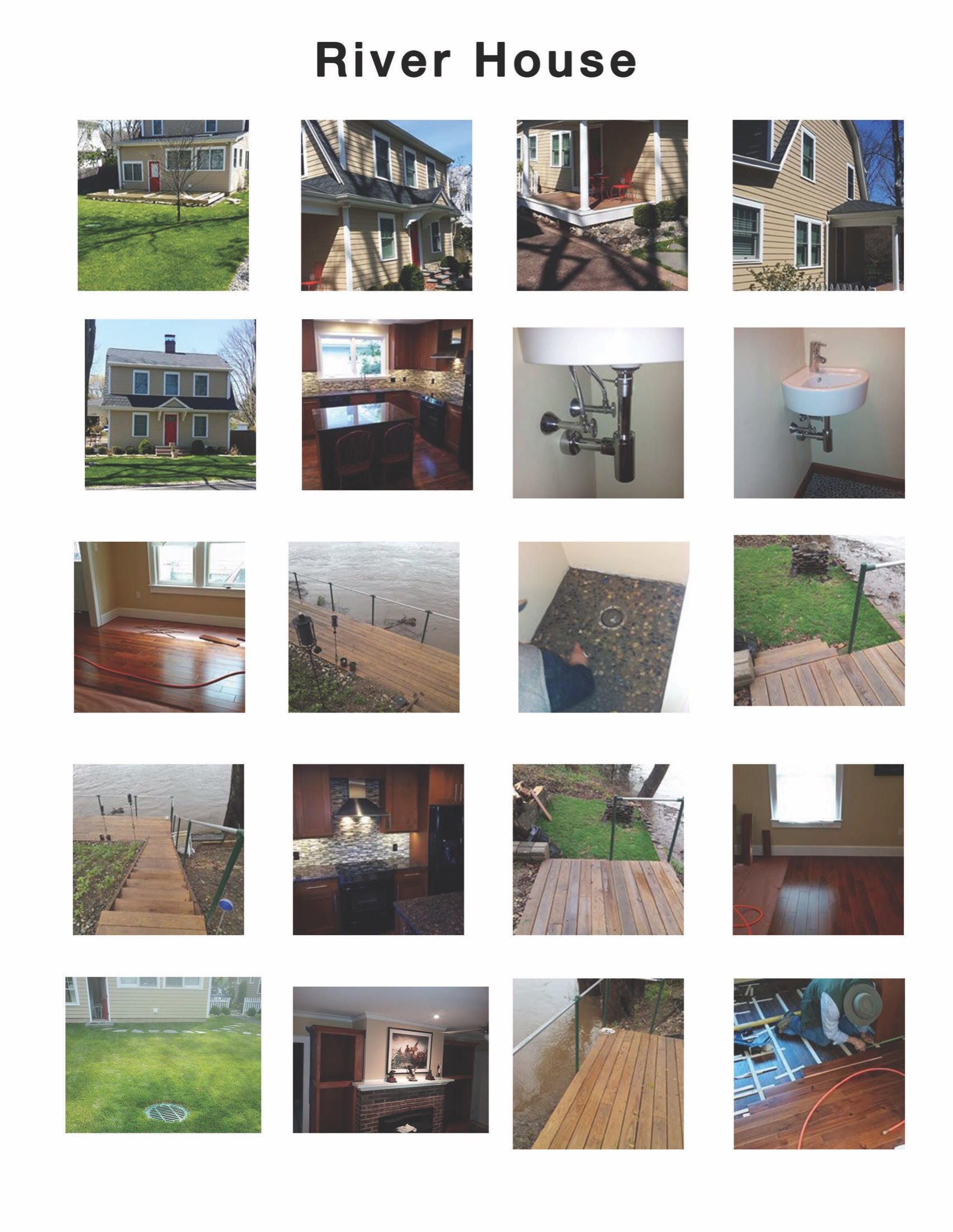 A collage of pictures of a river house