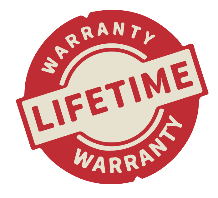 A red and white lifetime warranty stamp on a white background