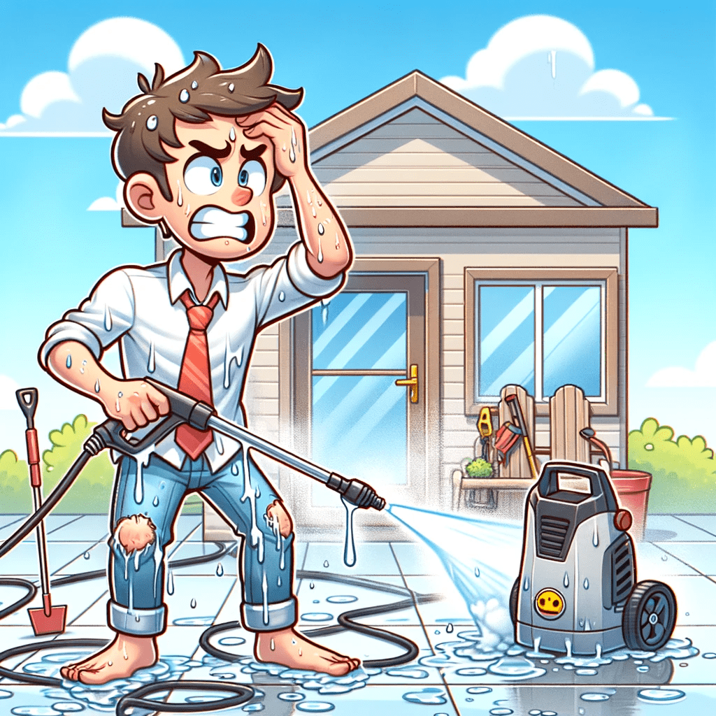 image of frustrated man using pressure washer