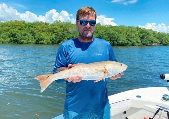 Man in blue shirt and sunglasses holding a redfish on a boat, with mangroves and water in the background.