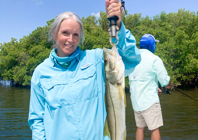 Woman in blue fishing shirt holding up two snook fish, another person fishing in the background, near mangroves.