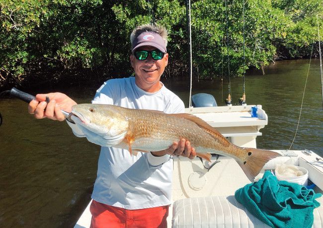 Man holding a large redfish on a boat, smiling. He wears sunglasses, a visor, and a light-colored shirt. Background shows water and mangroves.