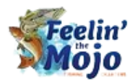 Logo for Feelin' the Mojo Fishing Club. Features a fish leaping from water, next to the blue text with a white outline.