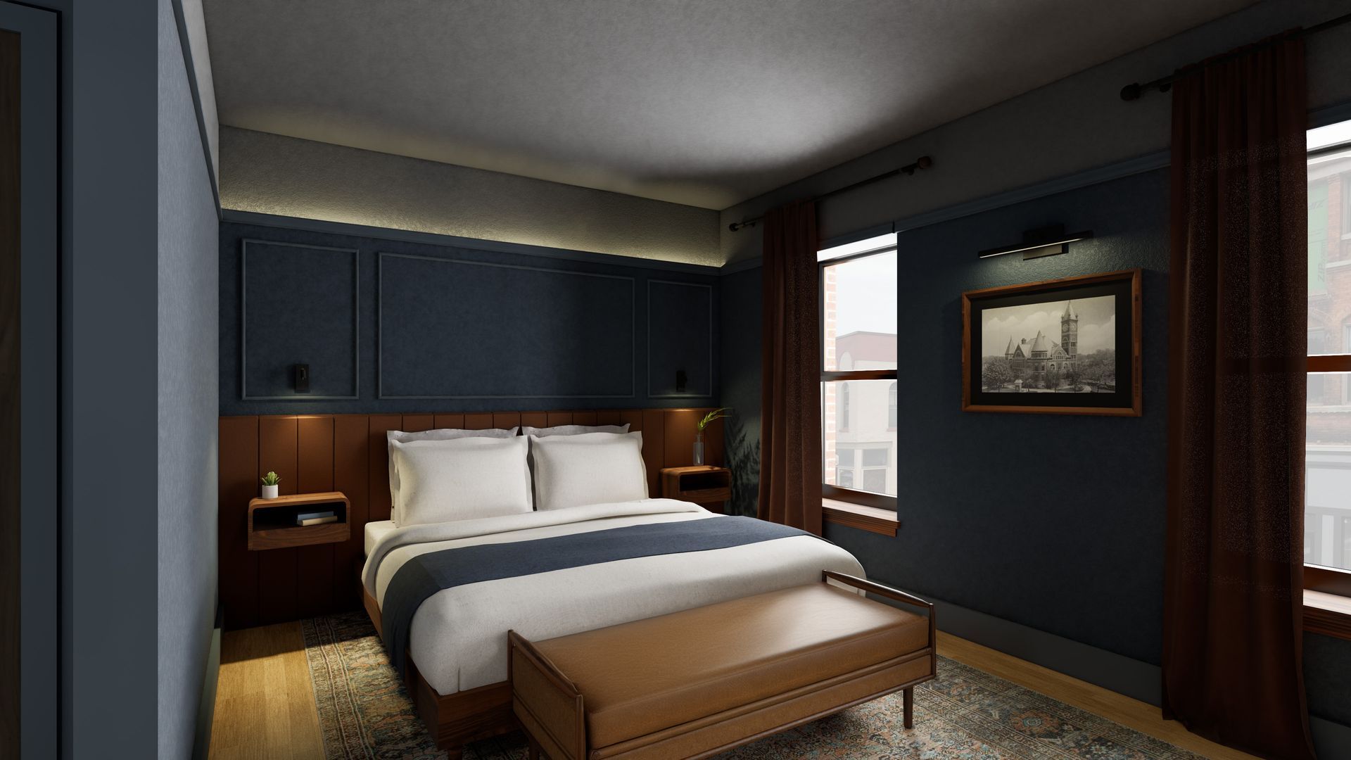 A modern bedroom with navy blue walls, a bed featuring white linens, wood panels, and a brown leather bench.