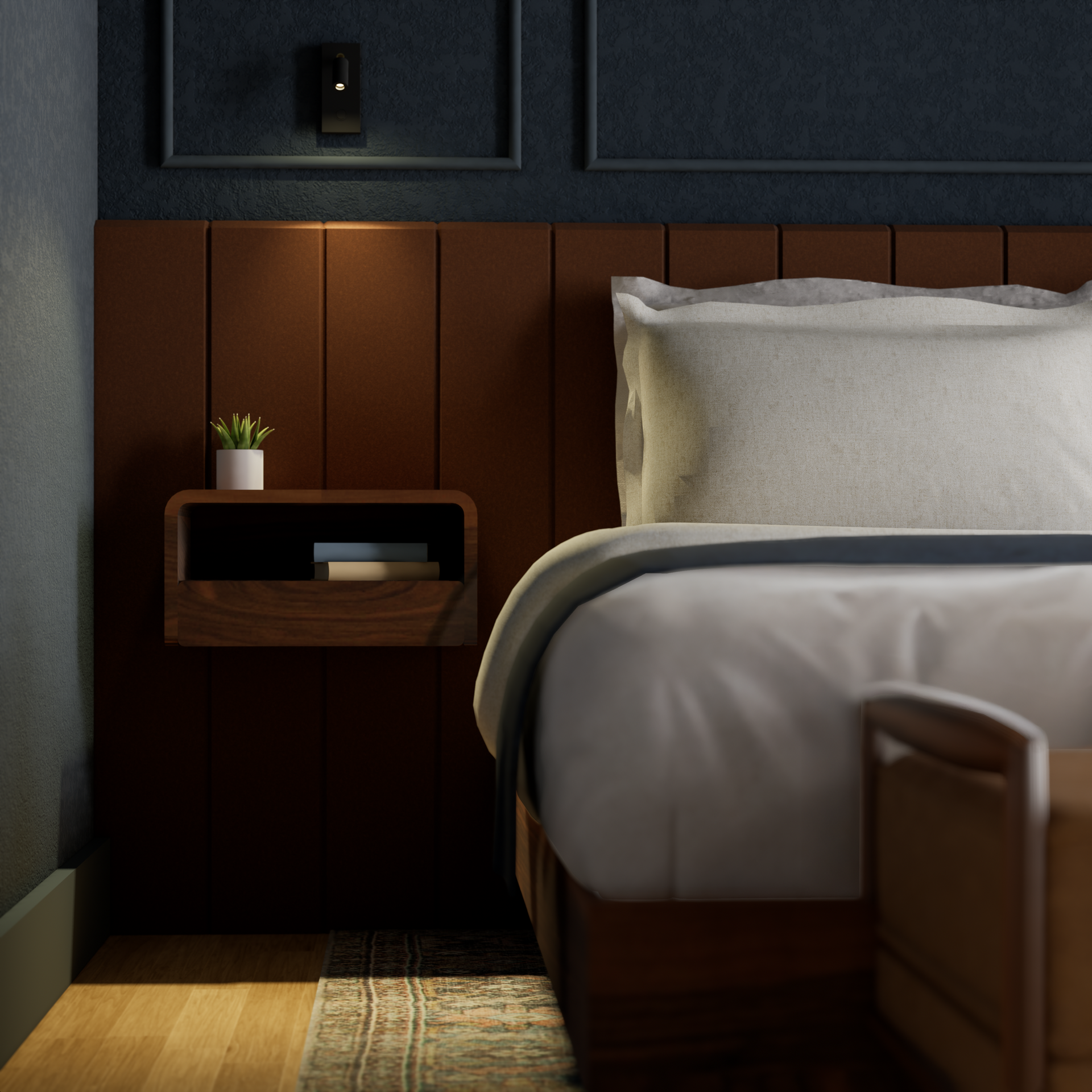 A modern bedroom featuring a brown paneled headboard, a floating wood nightstand with a small plant, and a white bed.