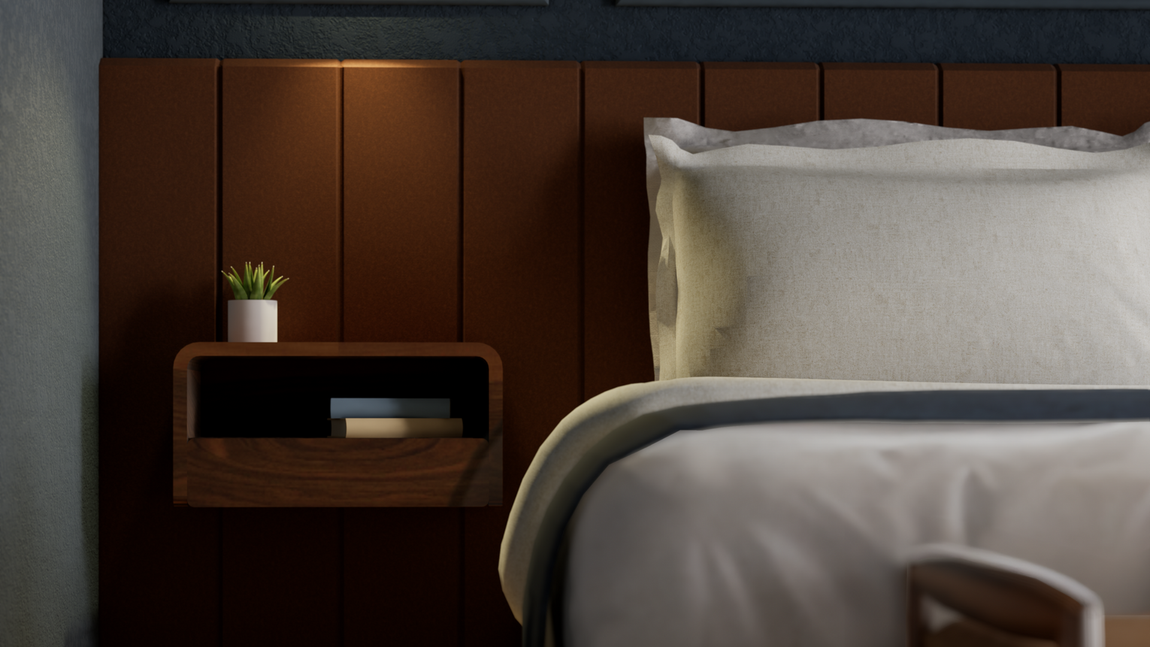 A floating wooden nightstand with a small plant and books sits beside a bed against a vertical, dark brown headboard.