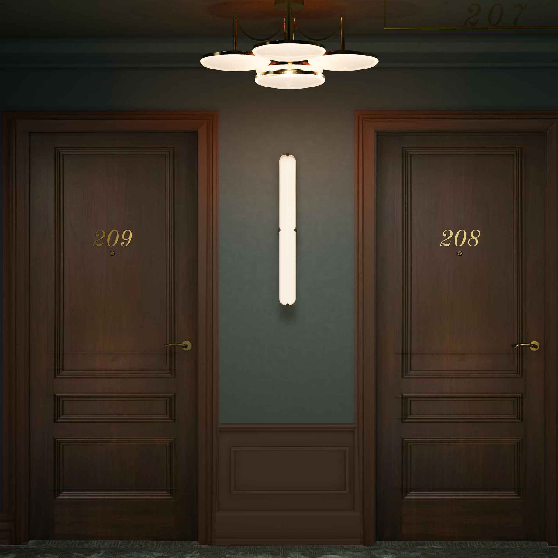 A hallway with two dark wooden doors labeled 209 and 208, a central vertical wall light, and a modern ceiling fixture.