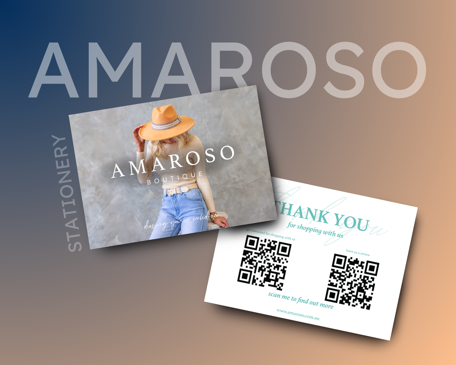 Amaroso Boutique, Brisbane's leading fashion retailer with stationery thank you cards example of graphic design portfolio