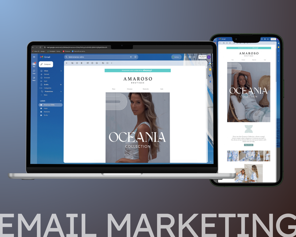 Amaroso Boutique EDM (email marketing) mocked up examples of graphic design ability and style