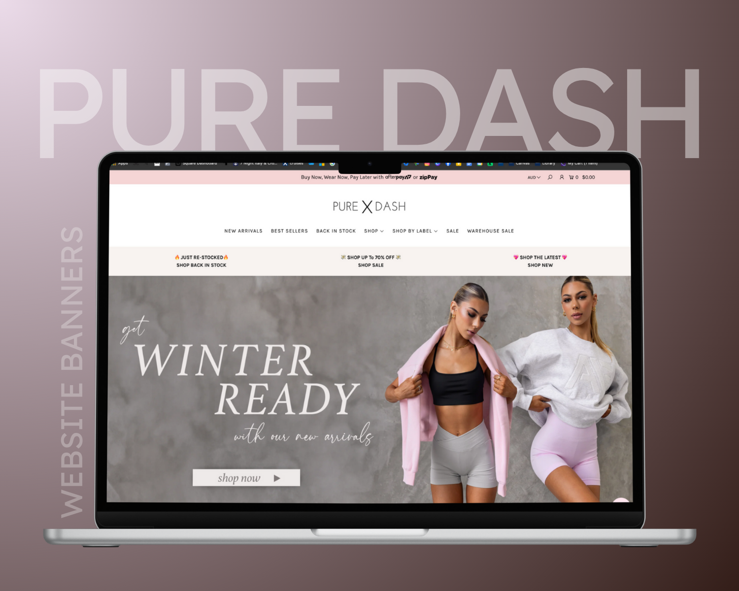 Pure Dash, Brisbane's leading activewear retailer with website banner example of graphic design portfolio