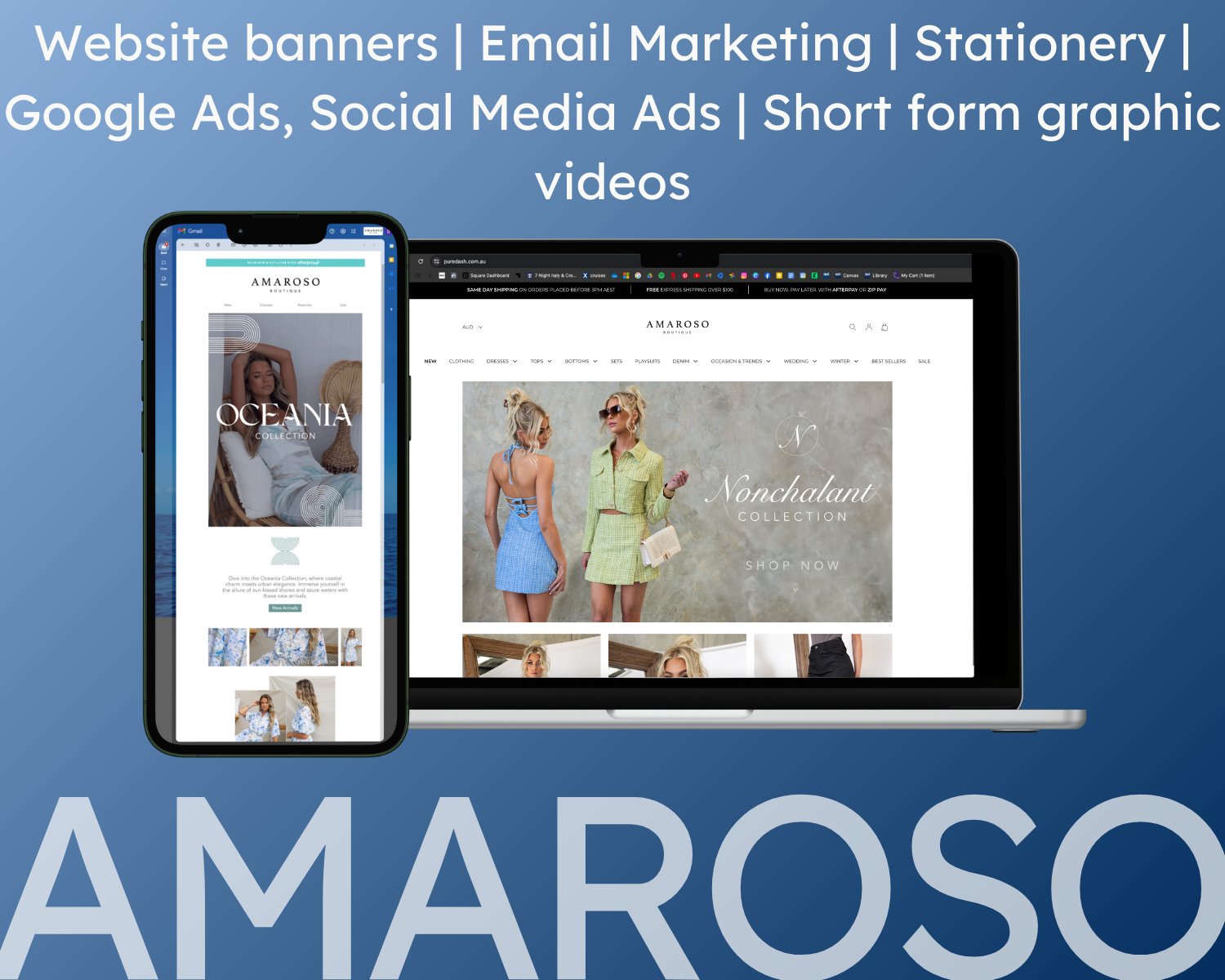 Google Ads, Facebook Ads, Instagram Ads, Short form video graphics, Homepage and web banner creation, email marketing