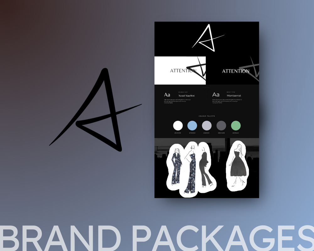 Branding packages service graphic design with logos, variations, colours, fonts, and illustration examples