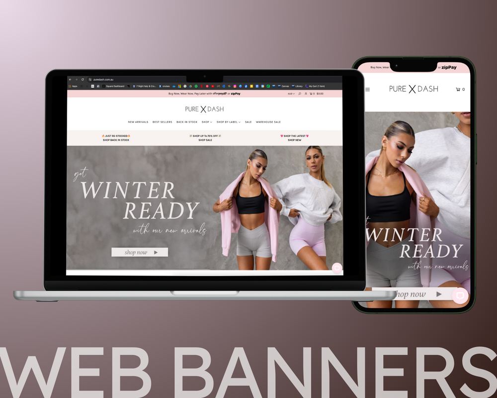Pure Dash homepage with size adjustments for desktop and mobile use with graphic design service in web banner creation