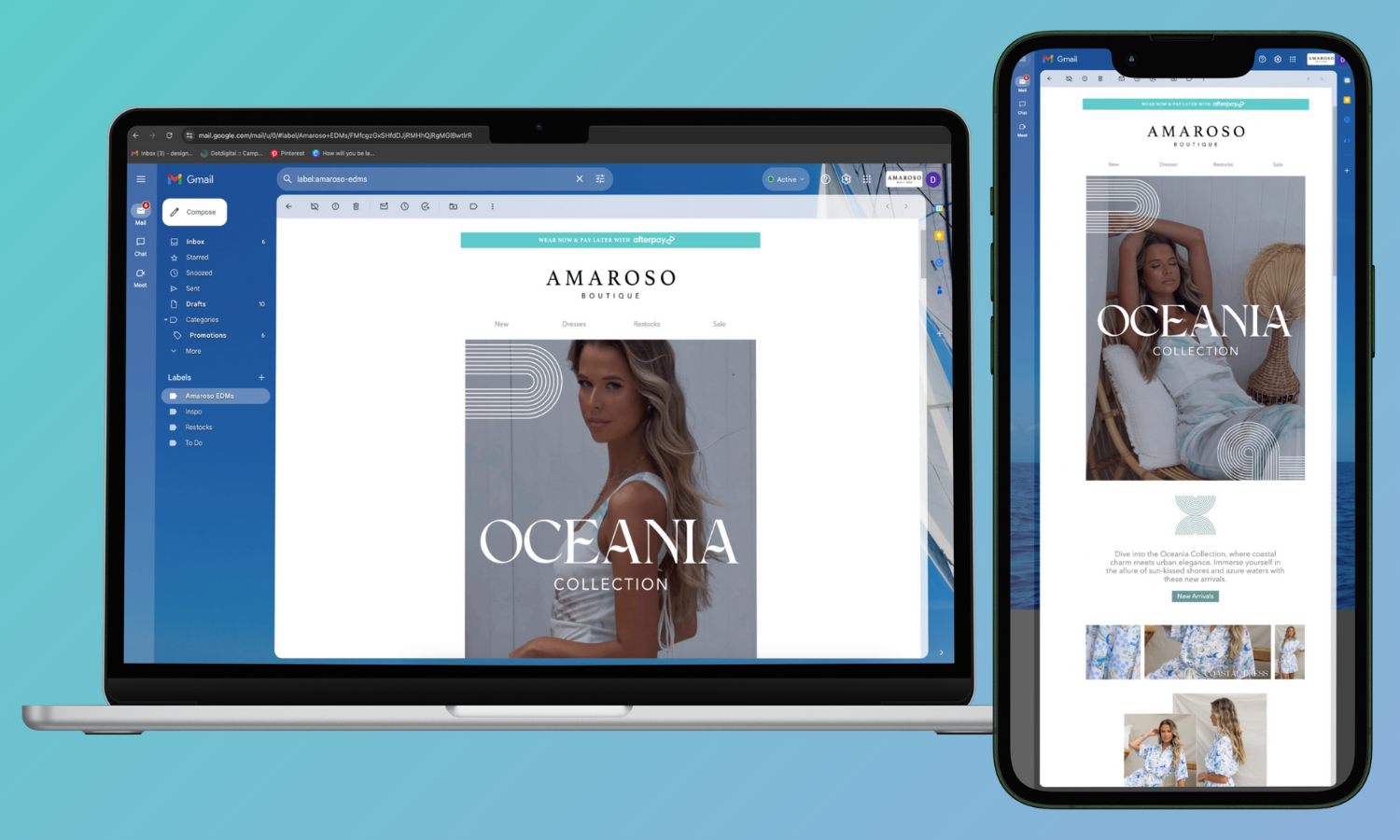 Amaroso Boutique email marketing (EDM) design for the oceanic fashion collection with graphic design examples