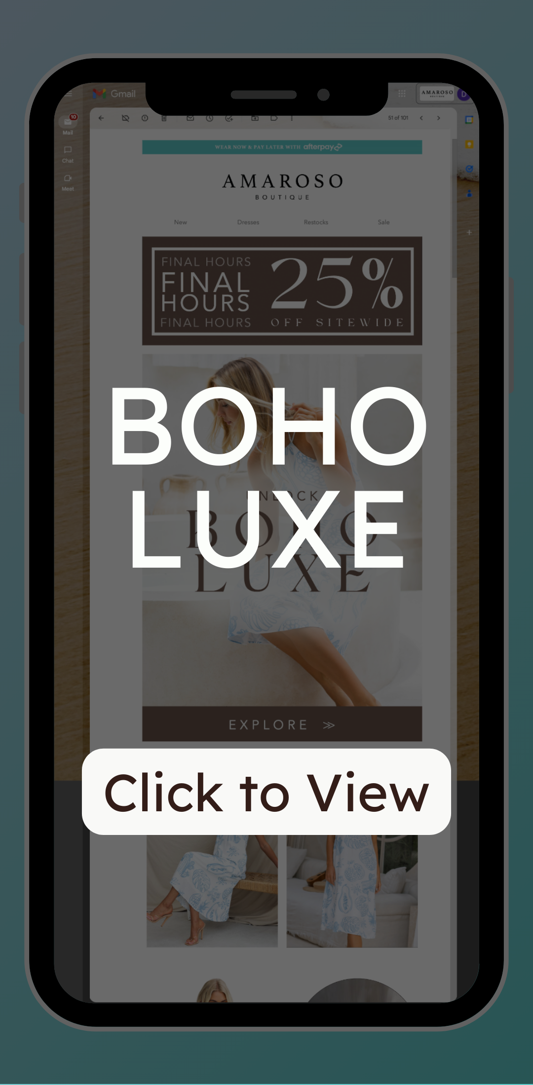 Amaroso Boutique email marketing (EDM) design for the Boho Luxe edm link with graphic design examples