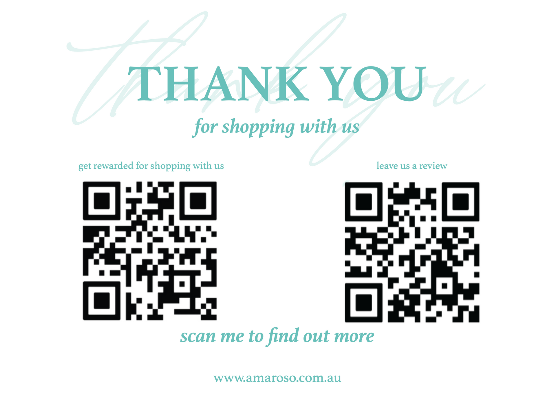 Amaroso Boutique branded thank you card back side as graphic design example with qr codes