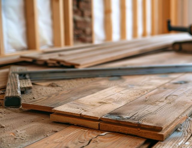 Wooden floorboards being installed in a construction setting with exposed wall studs and insulation in the background.