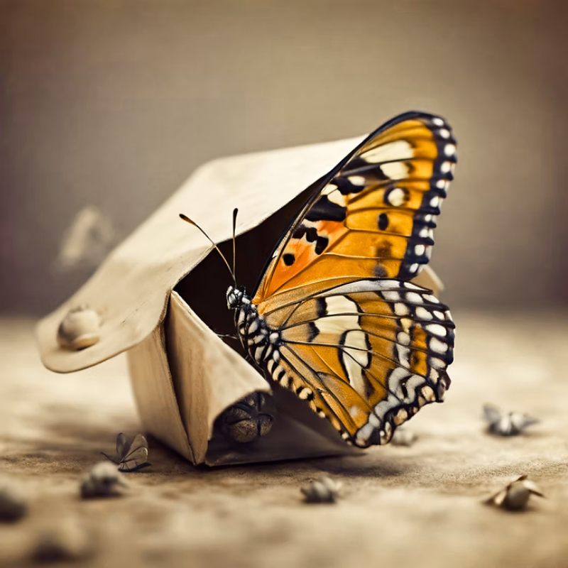 A butterfly is sitting on top of a cardboard box