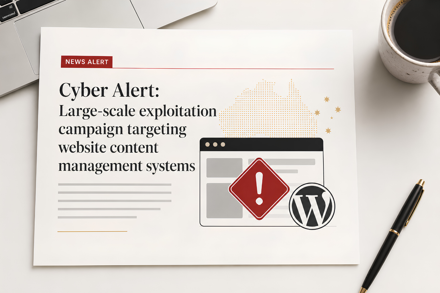 Cyber alert poster about website content management systems, with a warning icon on a desk.