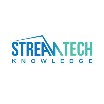 Logo for Stream Tech Knowledge, with blue and green text and a graphic line above 