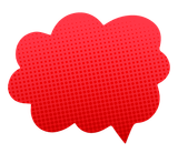 A red speech bubble with polka dots on a white background.
