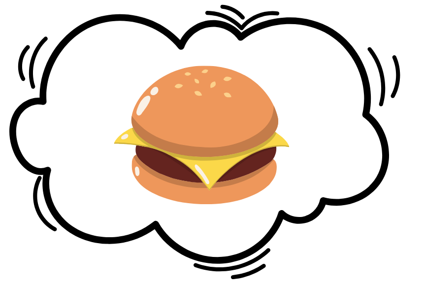 A retro cartoon burger in a bubble.
