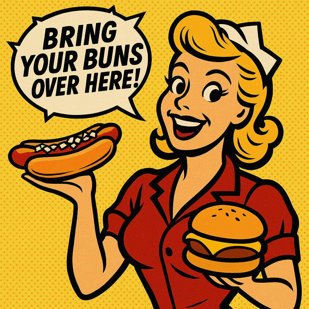 Retro cartoon lady holding a wiener and hamburger.