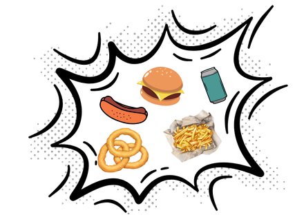 Cartoon burst with cartoon wiener, hot dog, bevearge, onion rings and fries.