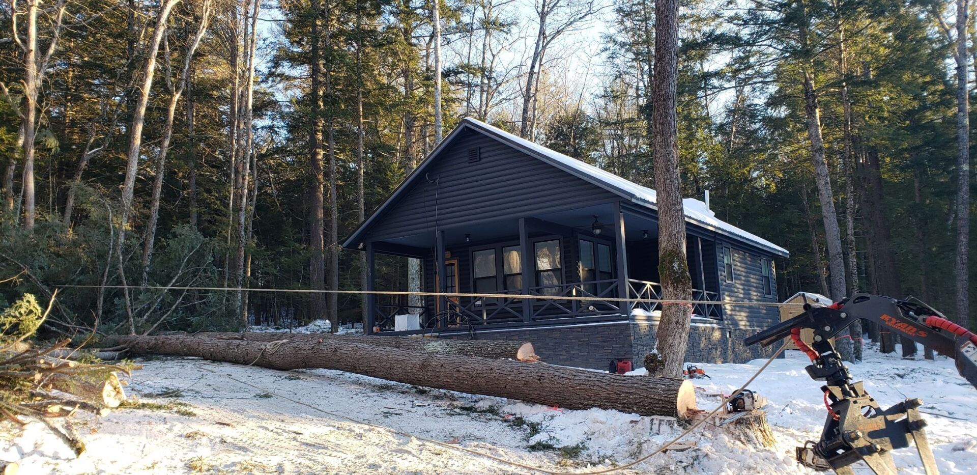 A house in the middle of a snowy forest with a fallen tree in front of it.