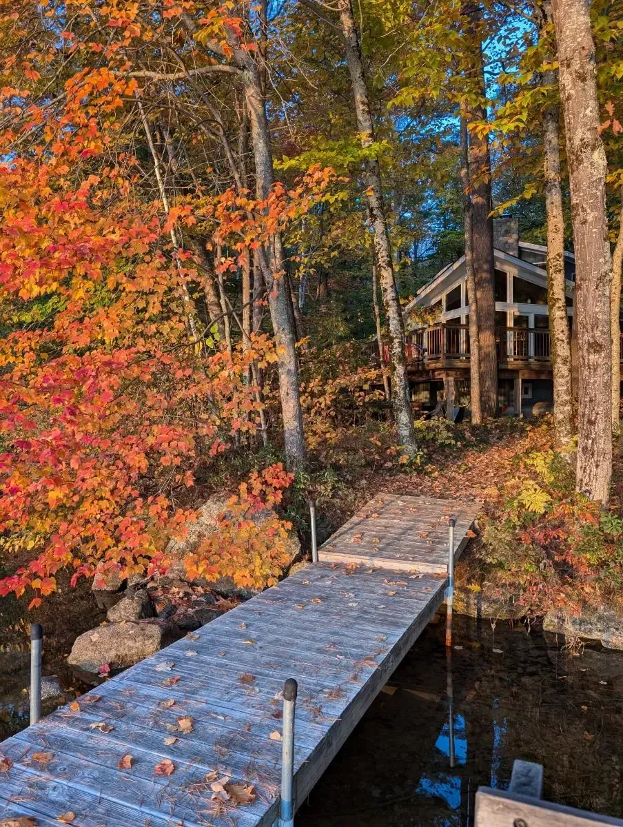 A wooden dock leading to a house in the woods.
