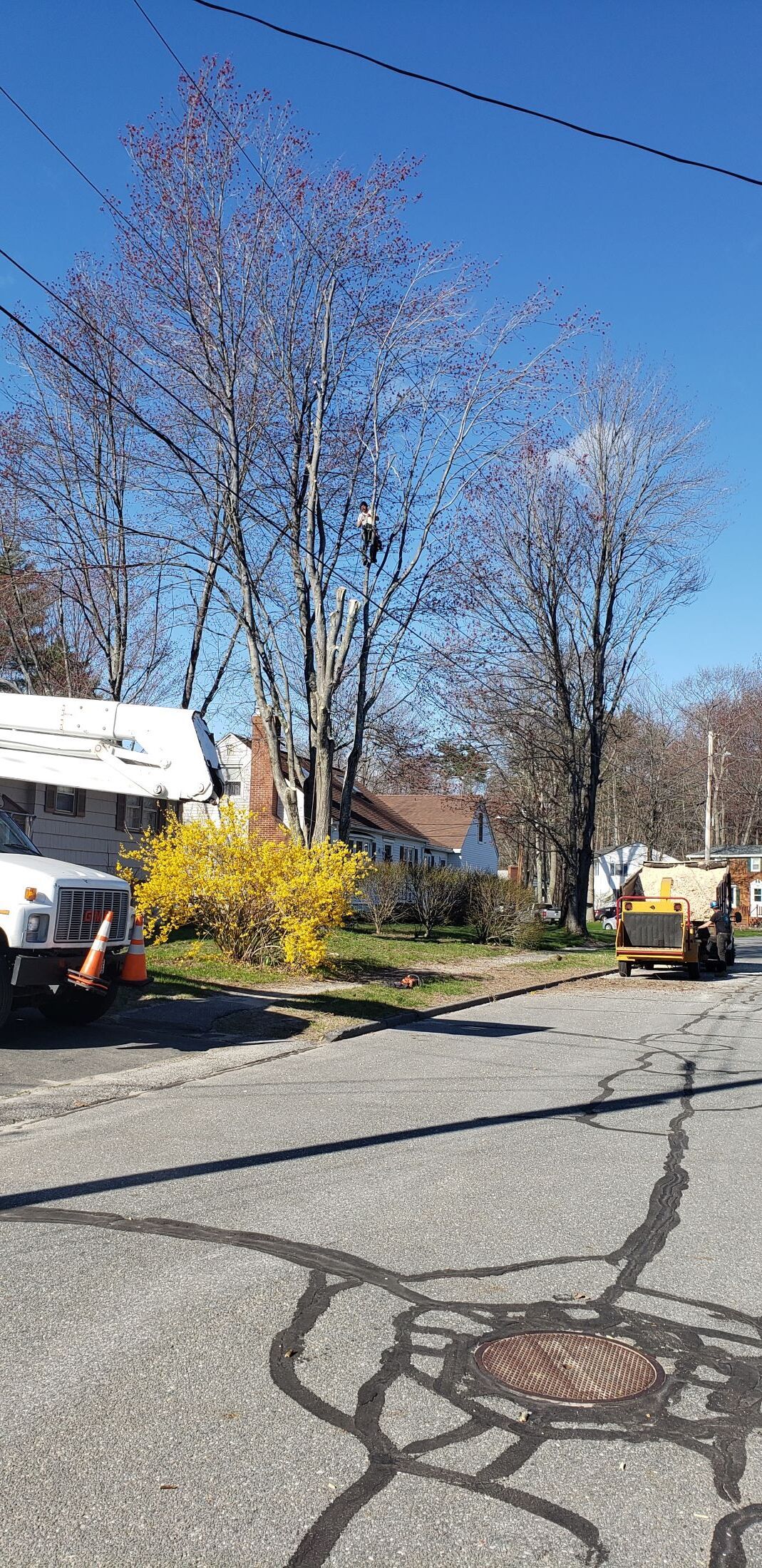 A white truck is parked on the side of the road next to a house.