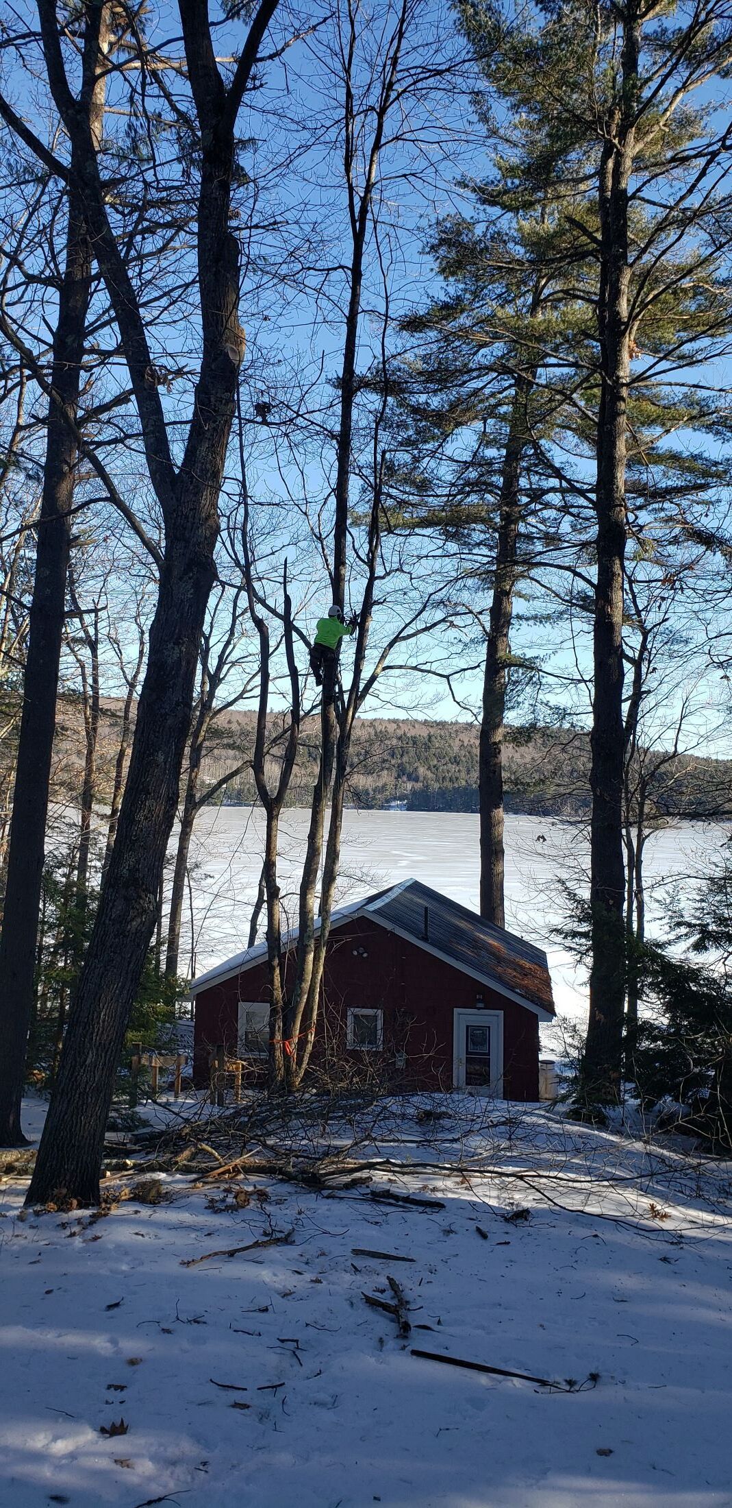 A red house is surrounded by snow covered trees and a lake.