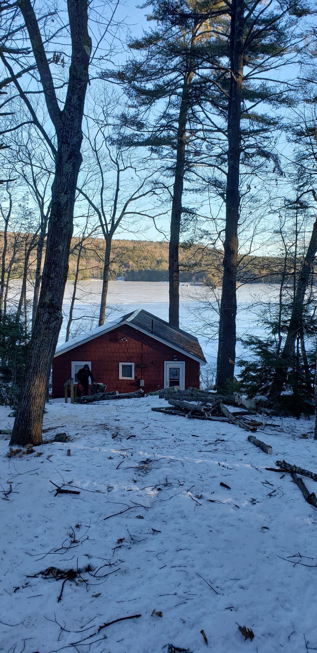 A red barn is sitting in the middle of a snowy forest next to a lake.