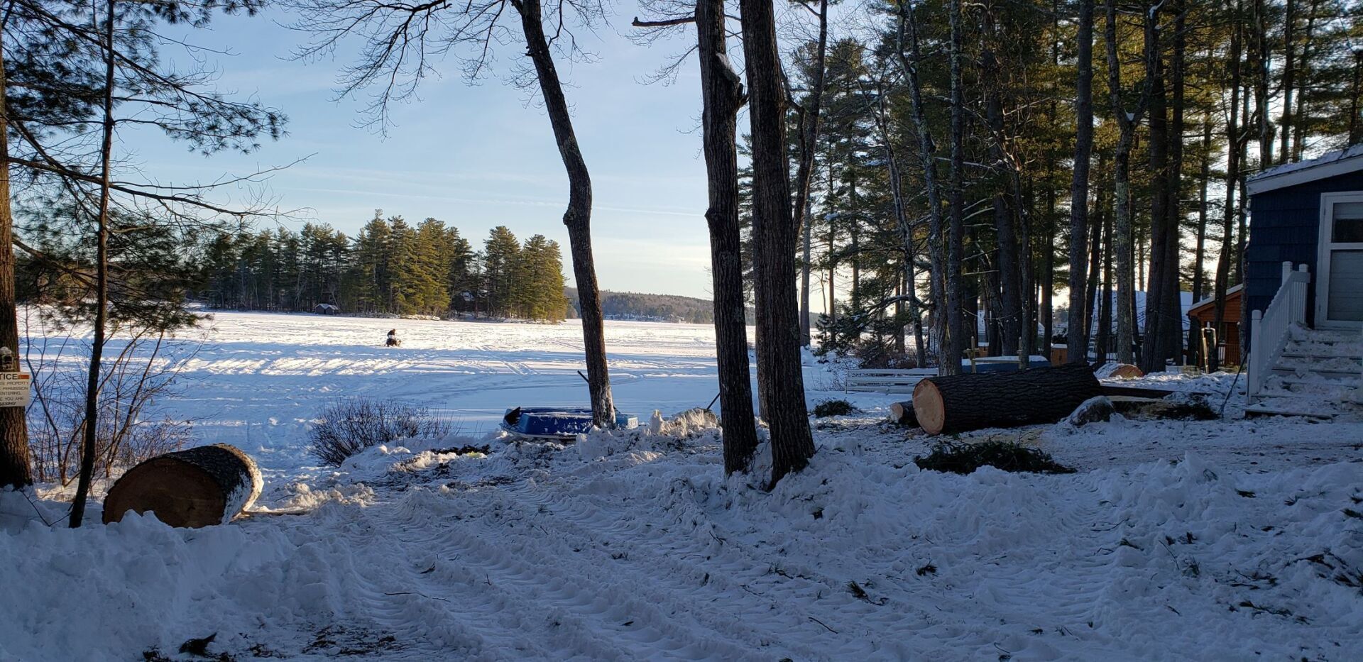 A snowy field with trees and a house in the background.