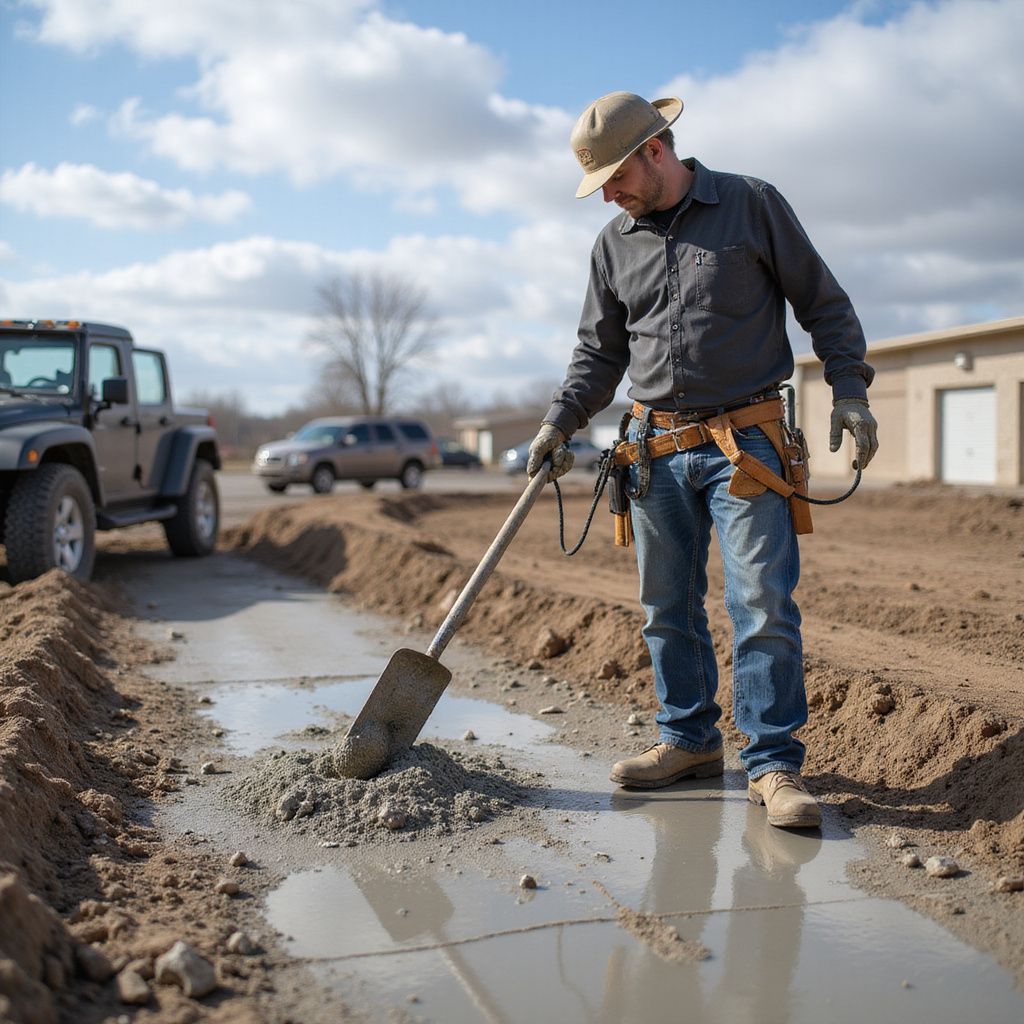 Construction worker shovels concrete in a trench, wearing a hard hat, jeans, and work boots.
