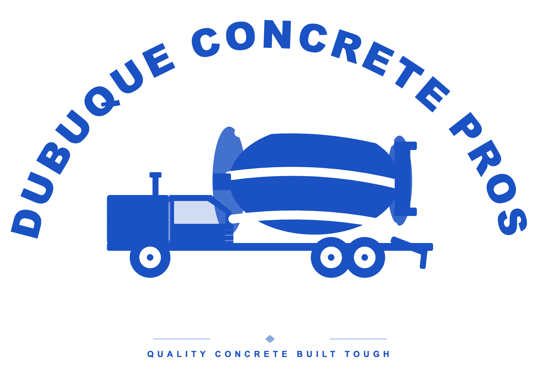 Logo for Dubuque Concrete Pros, featuring a concrete mixer truck and text on a black background.