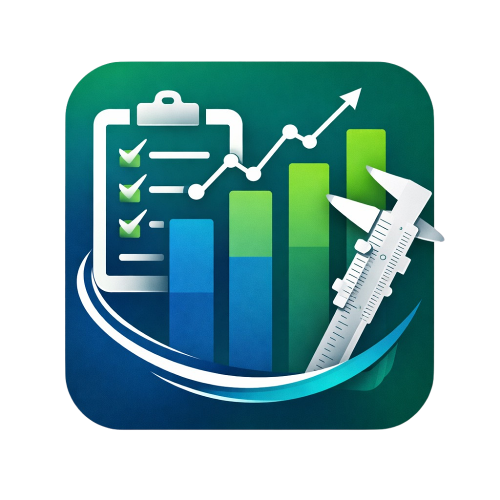 App-pictogram: Checklist, lijngrafiek, staafdiagram en schuifmaat op een verloopachtergrond, wat duidt op data-analyse en meting.