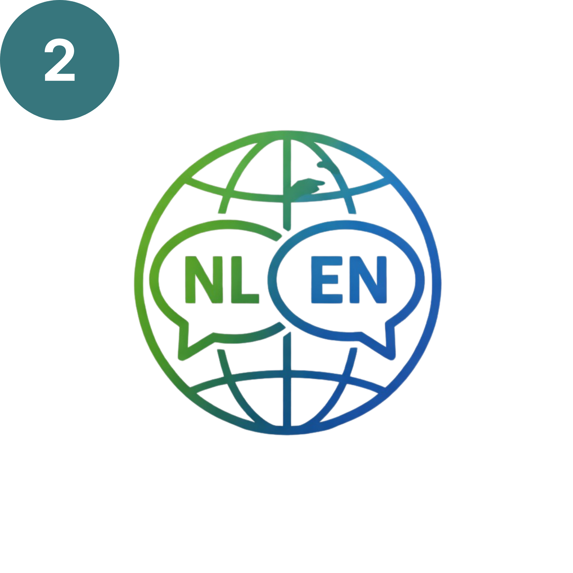 Wereldbol met tekstballonnen in het Nederlands en Engels. Groene cirkel met het cijfer 2 in de linkerbovenhoek.